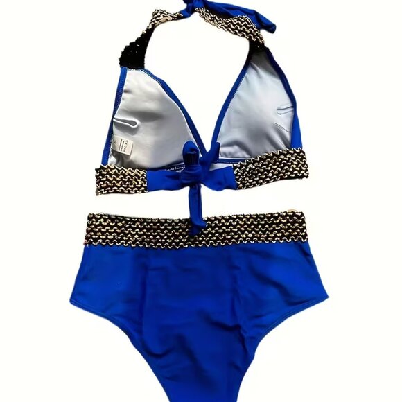 Blue High Waisted Bikini Set Deep V Neck Top w/ Metallic Crochet Trim sz M - Picture 3 of 4